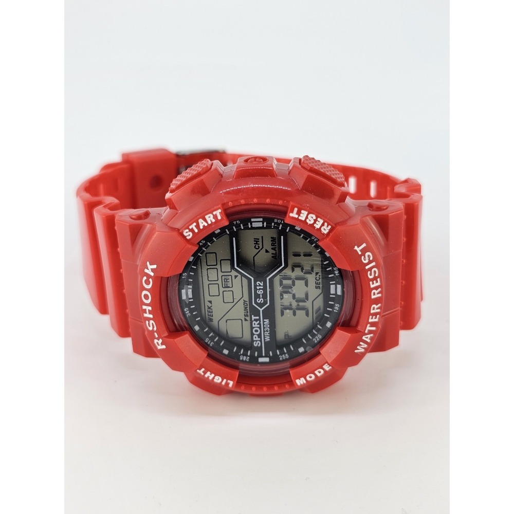 Men's Sports Digital Watch 50MM Red Case Plastic Bands Light Working - Picture 4 of 12